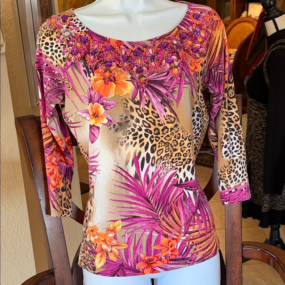Cache Purple and Orange Floral Animal Print Top